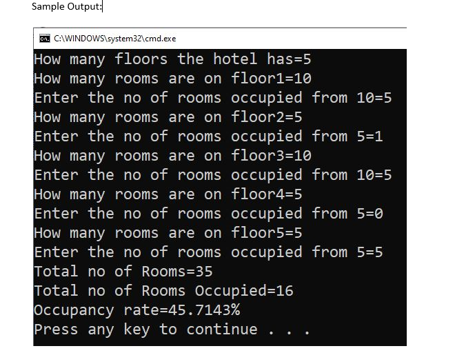 Sample Output:
A. C:\WINDOWS\system32\cmd.exe
How many floors the hotel has=5
How many rooms are on floor1=10
Enter the no of rooms occupied from 10=5
How many rooms are on floor2=5
Enter the no of rooms occupied from 5=1
How many rooms are on floor3=10
Enter the no of rooms occupied from 10=5
How many rooms are on floor4=5
Enter the no of rooms occupied from 5=0
How many rooms are on floor5=5
Enter the no of rooms occupied from 5=5
Total no of Rooms=35
Total no of Rooms Occupied=16
Occupancy rate=45.7143%
Press any key to continue
