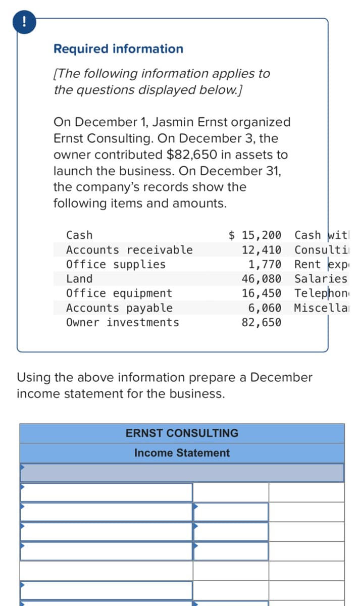 Required information
[The following information applies to
the questions displayed below.]
On December 1, Jasmin Ernst organized
Ernst Consulting. On December 3, the
owner contributed $82,650 in assets to
launch the business. On December 31,
the company's records show the
following items and amounts.
$ 15,200 Cash wit
12,410 Consulti
1,770 Rent exp
46,080 Salaries
16,450 Telephon
6,060 Miscella
82,650
Cash
Accounts receivable
Office supplies
Land
Office equipment
Accounts payable
Owner investments
Using the above information prepare a December
income statement for the business.
ERNST CONSULTING
Income Statement
