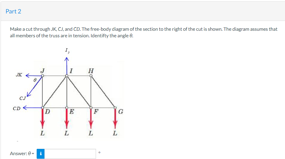 Part 2
Make a cut through JK, CJ, and CD. The free-body diagram of the section to the right of the cut is shown. The diagram assumes that
all members of the truss are in tension. Identifty the angle 8.
JK
CD
كان
0
D
L
Answer: 0 - i
I,
y
I
E
L
H
F
L
O
L
G