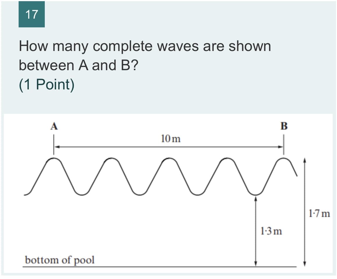 17
How many complete waves are shown
between A and B?
(1 Point)
A
В
10m
1-7 m
1:3 m
bottom of pool
