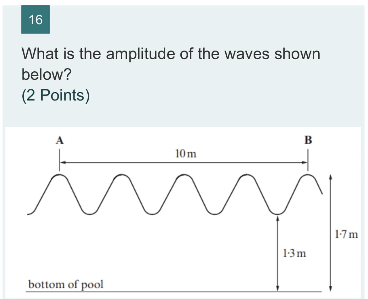 16
What is the amplitude of the waves shown
below?
(2 Points)
A
B
10m
1-7 m
1:3 m
bottom of pool
