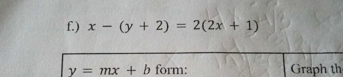 -
f.) x (y + 2) = 2(2x + 1)
y = mx + b form:
Graph th