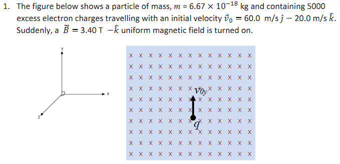 1. The figure below shows a particle of mass, m = 6.67 x 10-18 kg and containing 5000
excess electron charges travelling with an initial velocity ủo = 60.0 m/s ĵ – 20.0 m/s k.
Suddenly, a B = 3.40 T -k uniform magnetic field is turned on.
x x x x x X x x x x x x x
X X X X X X x X x x X X X
X X X X X X X X X X X X X
X X X X X x X VX X X X X
X X X X X X X X X X X XX
X X X X X x X X x x X X X
X X X X X x XX x x X X X
X X X X X x xX x x X X X
X X X X X X x X x x X X X
X X X X X X x X x x X X X
