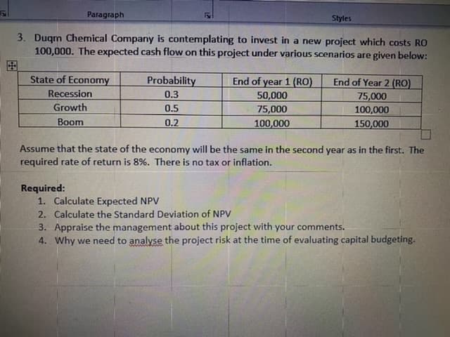 3. Duqm Chemical Company is contemplating to invest in a new project which costs RO
100,000. The expected cash flow on this project under various scenarios are given below:
State of Economy
Probability
End of year 1 (RO)
50,000
75,000
100,000
End of Year 2 (RO)
75,000
100,000
150,000
Recession
0.3
Growth
0.5
Boom
0.2
Assume that the state of the economy will be the same in the second year as in the first. The
required rate of return is 8%. There is no tax or inflation.
Required:
1. Calculate Expected NPV
2. Calculate the Standard Deviation of NPV
3. Appraise the management about this project with your comments.
4. Why we need to analyse the project risk at the time of evaluating capital budgeting.
