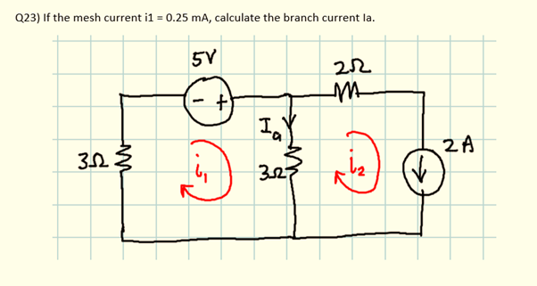 Q23) If the mesh current i1 = 0.25 mA, calculate the branch current la.
5V
22
327
