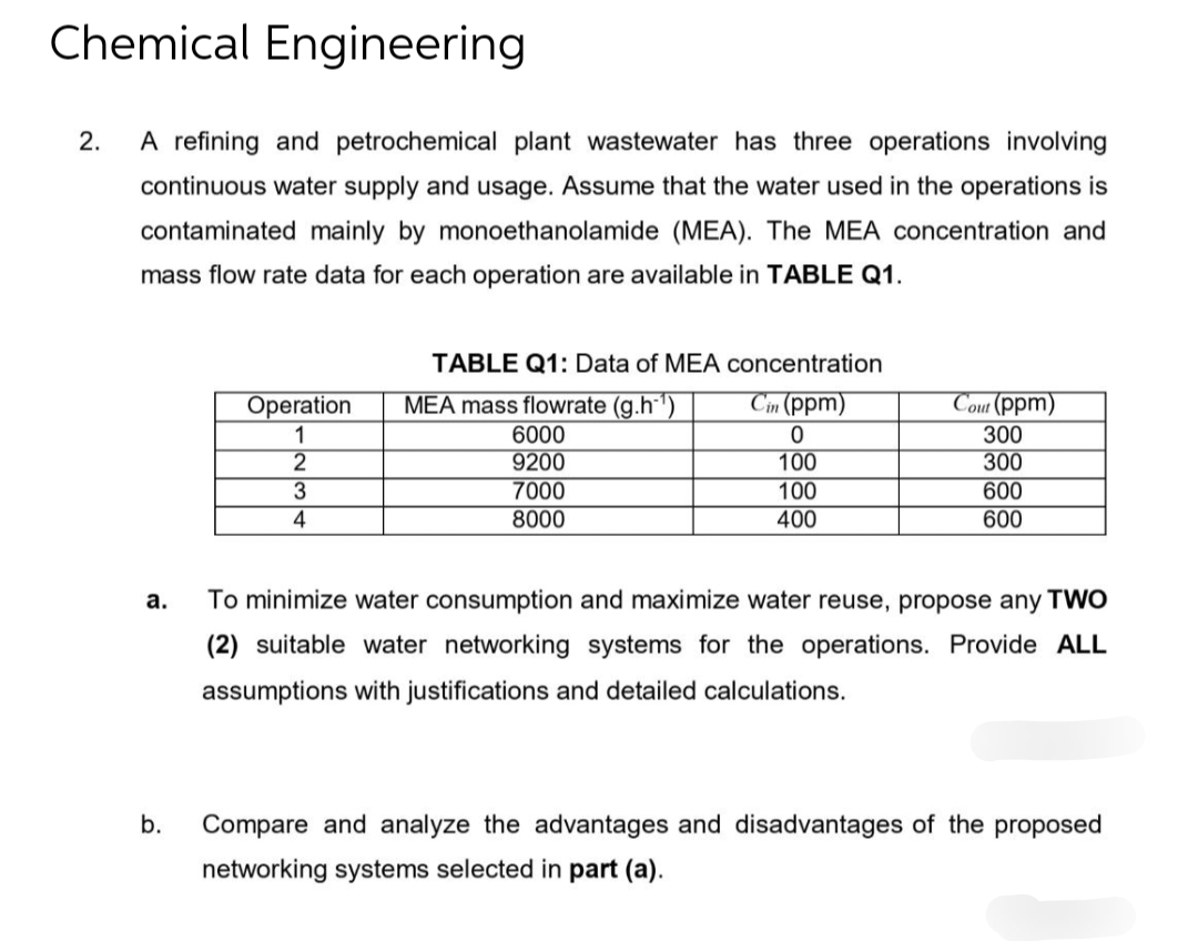 Chemical Engineering
A refining and petrochemical plant wastewater has three operations involving
continuous water supply and usage. Assume that the water used in the operations is
contaminated mainly by monoethanolamide (MEA). The MEA concentration and
mass flow rate data for each operation are available in TABLE Q1.
2.
a.
b.
Operation
1
2
3
4
TABLE Q1: Data of MEA concentration
MEA mass flowrate (g.h¹¹)
Cin (ppm)
6000
0
9200
100
7000
100
8000
400
Cout (ppm)
300
300
600
600
To minimize water consumption and maximize water reuse, propose any TWO
(2) suitable water networking systems for the operations. Provide ALL
assumptions with justifications and detailed calculations.
Compare and analyze the advantages and disadvantages of the proposed
networking systems selected in part (a).
