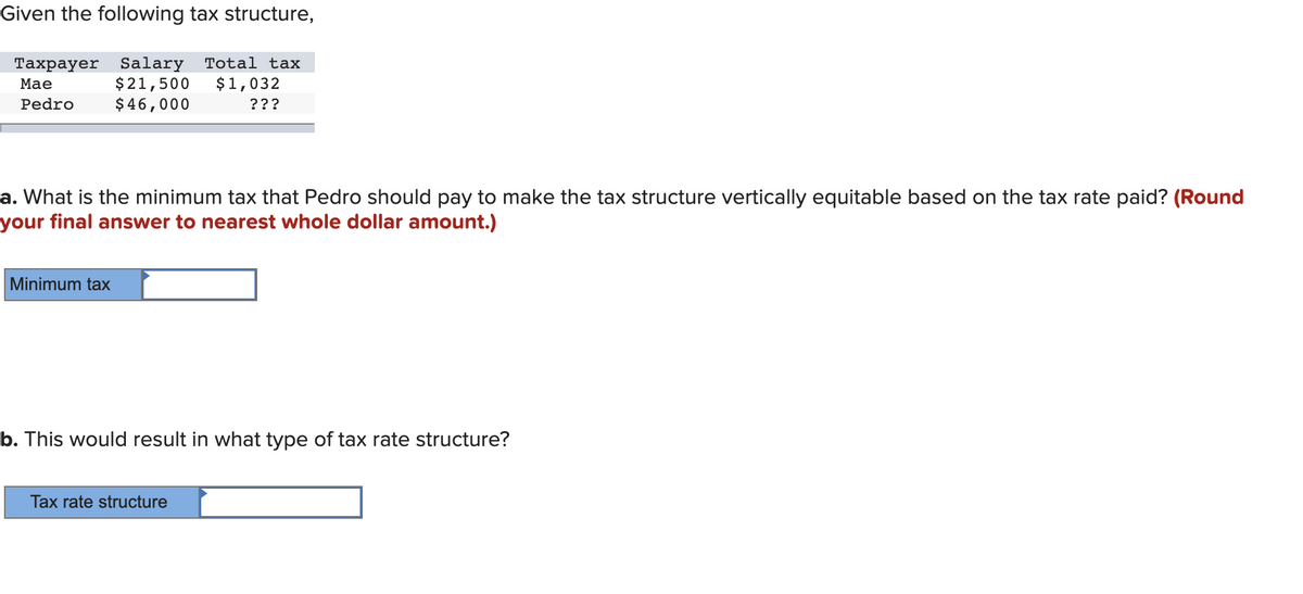 Given the following tax structure,
Taxpayer Salary Total tax
$21,500 $1,032
$46,000
???
Mae
Pedro
a. What is the minimum tax that Pedro should pay to make the tax structure vertically equitable based on the tax rate paid? (Round
your final answer to nearest whole dollar amount.)
Minimum tax
b. This would result in what type of tax rate structure?
Tax rate structure