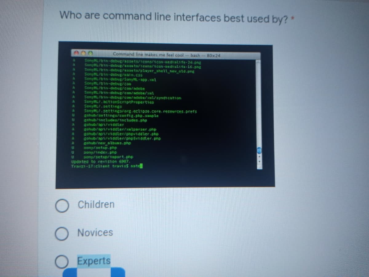 Who are command line interfaces best used by?*
A00 Command line makes me feel cool bash 80x24
SonyHL/bin-debug/a tastiexarau' i scen-dialifa-lt.png
SenytLbin-debug/annetn/player_ nhall_r_ld.prg
SonyML/bin-debugreain.C34
SonytLibin-detup/com
SenyL. BCUi anšeriptkraperties
SenytL, settings
Senyt, settingg sg eclipse.core. resources Drets
AT
sonynetup.- pihp
Updated to revision 687,
Trasgt-17:client travi s$ mạte
Children
O Novices
O Experts

