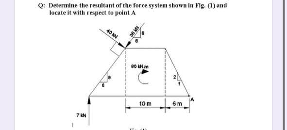Q: Determine the resultant of the force system shown in Fig. (1) and
locate it with respect to point A
40 kN
80 KNm
6 m
10 m
7 KN
36 k
