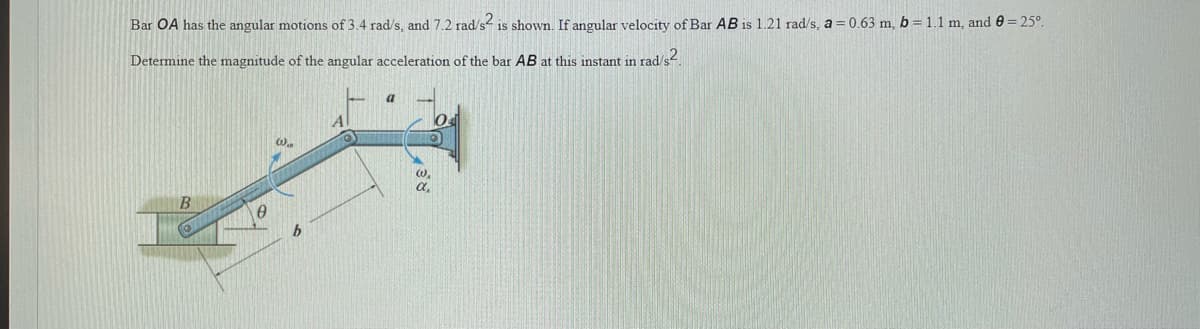 Bar OA has the angular motions of 3.4 rad/s, and 7.2 rad/s2 is shown. If angular velocity of Bar AB is 1.21 rad/s, a = 0.63 m, b = 1.1 m, and 0 = 25°.
Determine the magnitude of the angular acceleration of the bar AB at this instant in rad/s2.
0
@0₁
a
(₁
α