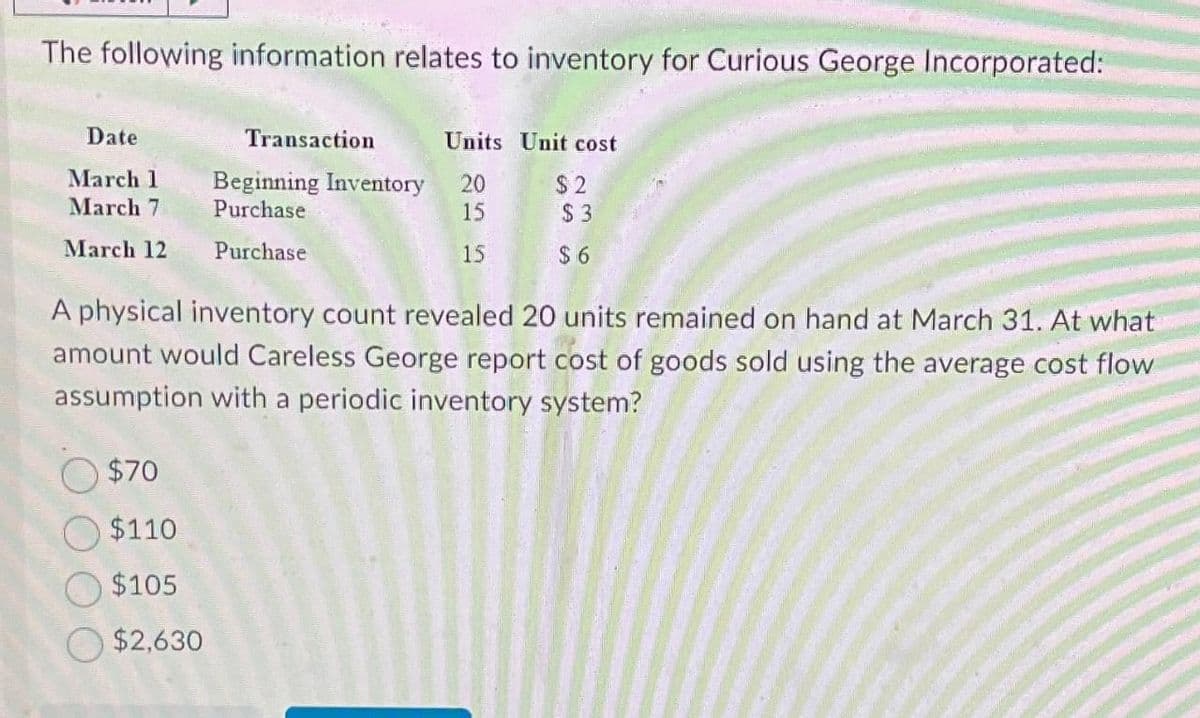 The following information relates to inventory for Curious George Incorporated:
Date
March 1
March 7
March 12
O $70
Transaction
$110
$105
$2,630
Units Unit cost
Beginning Inventory 20
Purchase
15
Purchase
15
$2
$3
A physical inventory count revealed 20 units remained on hand at March 31. At what
amount would Careless George report cost of goods sold using the average cost flow
assumption with a periodic inventory system?
$6