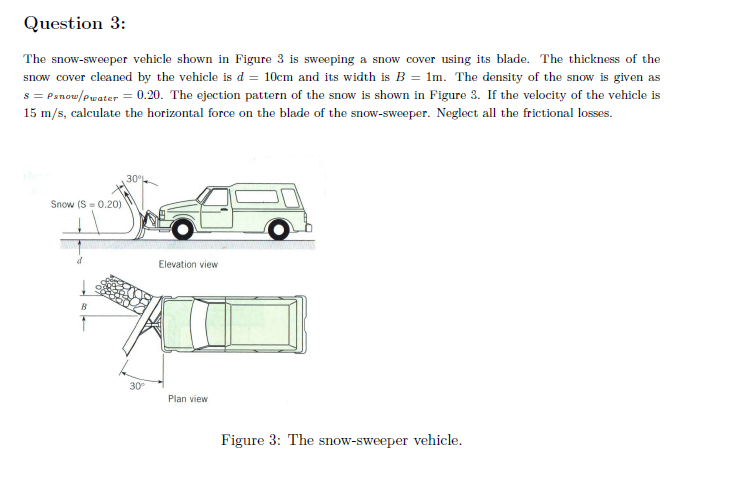 Question 3:
The snow-sweeper vehicle shown in Figure 3 is sweeping a snow cover using its blade. The thickness of the
snow cover cleaned by the vehicle is d = 10cm and its width is B = 1m. The density of the snow is given as
s = Panow/Pwater = 0.20. The ejection pattern of the snow is shown in Figure 3. If the velocity of the vehicle is
15 m/s, calculate the horizontal force on the blade of the snow-sweeper. Neglect all the frictional losses.
30°
Snow (S = 0.20)
Elevation view
30
Plan view
Figure 3: The snow-sweeper vehicle.
