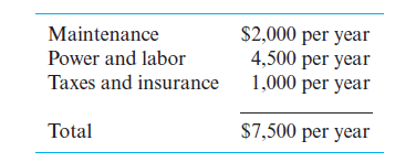 $2,000 per year
4,500 per year
1,000 per year
Maintenance
Power and labor
Taxes and insurance
Total
$7,500 per year
