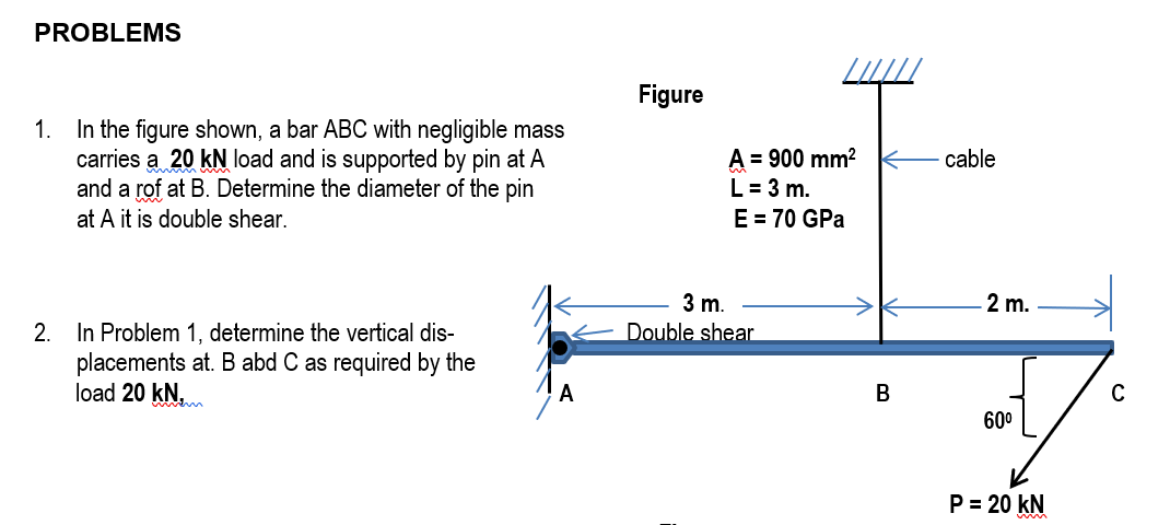 PROBLEMS
Figure
In the figure shown, a bar ABC with negligible mass
carries a 20 kN load and is supported by pin at A
and a rof at B. Determine the diameter of the pin
at A it is double shear.
1.
A = 900 mm?
L= 3 m.
cable
E = 70 GPa
3 m.
2 m.
In Problem 1, determine the vertical dis-
placements at. B abd C as required by the
load 20 kN,
2.
Double shear
A
В
C
600
P = 20 kN
