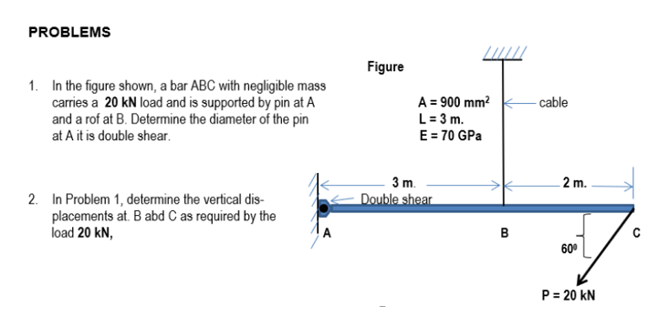 PROBLEMS
Figure
1. In the figure shown, a bar ABC with negligible mass
carries a 20 kN load and is supported by pin at A
and a rof at B. Determine the diameter of the pin
at A it is double shear.
A = 900 mm?
- cable
L= 3 m.
E= 70 GPa
3 m.
2 m.
2. In Problem 1, determine the vertical dis-
placements at. B abd C as required by the
load 20 kN,
Double shear
A
в
60°
P = 20 kN
