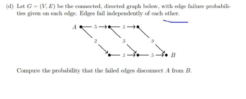 (d) Let G = (V, E) be the connected, directed graph below, with edge failure probabili-
ties given on each edge. Edges fail independently of each other.
A
.5
B
Compute the probability that the failed edges disconnect A from B.
