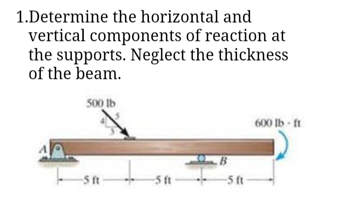 1.Determine the horizontal and
vertical components of reaction at
the supports. Neglect the thickness
of the beam.
500 lb
600 lb ft
S ft
-5 ft
-5 ft
