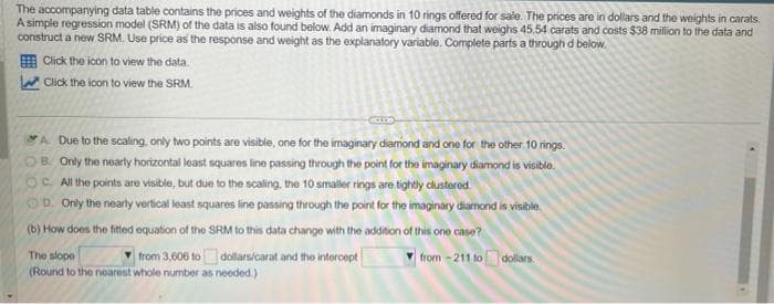 The accompanying data table contains the prices and weights of the diamonds in 10 rings offered for sale. The prices are in dollars and the weights in carats.
A simple regression model (SRM) of the data is also found below. Add an imaginary diamond that weighs 45.54 carats and costs $38 million to the data and
construct a new SRM. Use price as the response and weight as the explanatory variable. Complete parts a through d below.
Click the icon to view the data.
Click the icon to view the SRM.
A. Due to the scaling, only two points are visible, one for the imaginary diamond and one for the other 10 rings.
OB. Only the nearly horizontal least squares line passing through the point for the imaginary diamond is visible.
C. All the points are visible, but due to the scaling, the 10 smaller rings are tightly clustered
OD. Only the nearly vertical least squares line passing through the point for the imaginary diamond is visible.
(b) How does the fitted equation of the SRM to this data change with the addition of this one case?
from -211 to dollars.
The slope
from 3,606 to dollars/carat and the intercept
(Round to the nearest whole number as needed.)