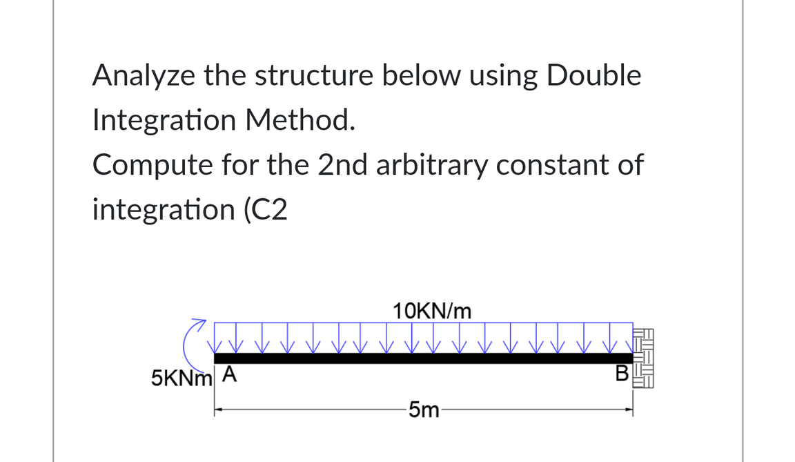 Analyze the structure below using Double
Integration Method.
Compute for the 2nd arbitrary constant of
integration (C2
10KN/m
5KNM A
-5m-
