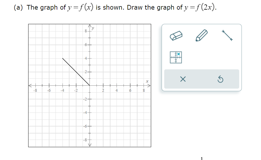 (a) The graph of y=f(x) is shown. Draw the graph of y=f(2x).
-8
-6
-4 -2
8.
6+
4.
N
-2-
+
-4-
-6+
-8-
N
4
6
8
x
X