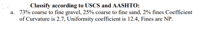 Classify according to USCS and AASHTO:
a. 73% coarse to fine gravel, 25% coarse to fine sand, 2% fines Coefficient
of Curvature is 2.7, Uniformity coefficient is 12.4, Fines are NP.
