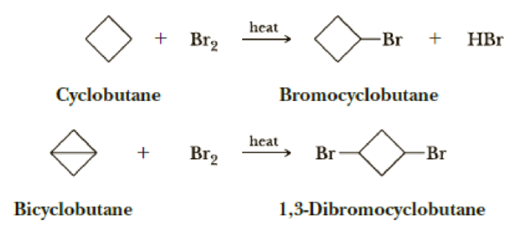 heat
+ Br2
-Br
HBr
Cyclobutane
Bromocyclobutane
heat
Br2
Br
Br
Bicyclobutane
1,3-Dibromocyclobutane
