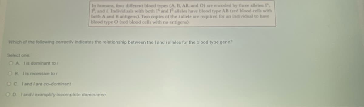 In humans, four different blood types (A, B, AB, and O) are encoded by three alleles 1,
1, and i Individuals with both I and I alleles have blood type AB (red blood cells with
both A and B antigens). Two copies of the i allele are required for an individual to have
blood type O (red blood cells with no antigens).
Which of the following correctly indicates the relationship between the I and / alleles for the blood type gene?
Select one:
OA. I is dominant to /
OB. I is recessive to i
OC. I and I are co-dominant
OD. I and/exemplify incomplete dominance