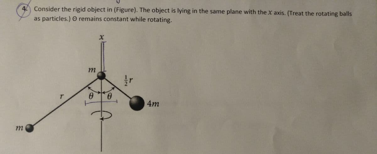 4. Consider the rigid object in (Figure). The object is lying in the same plane with the x axis. (Treat the rotating balls
as particles.) O remains constant while rotating.
4m
m
-12
