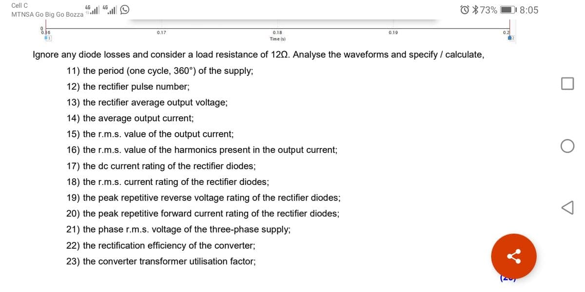 Cell C
O 873%
4G
DI 8:05
MTNSA Go Big Go Bozza llll "ll
0.17
0.18
0.19
0.2
Time (s)
Ignore any diode losses and consider a load resistance of 120. Analyse the waveforms and specify / calculate,
11) the period (one cycle, 360°) of the supply;
12) the rectifier pulse number;
13) the rectifier average output voltage;
14) the average output current;
15) the r.m.s. value of the output current;
16) the r.m.s. value of the harmonics present in the output current;
17) the dc current rating of the rectifier diodes;
18) the r.m.s. current rating of the rectifier diodes;
19) the peak repetitive reverse voltage rating of the rectifier diodes;
20) the peak repetitive forward current rating of the rectifier diodes;
21) the phase r.m.s. voltage of the three-phase supply;
22) the rectification efficiency of the converter;
23) the converter transformer utilisation factor;
