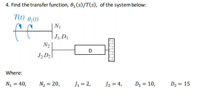4. Find the transfer function, 0, (s)/T(s), of the system below:
T(t) 0,(1)
ff
N1
| J1, D1
N2
D
J2,D2
Where:
N = 40,
N2 = 20,
J1 = 2,
J2 = 4,
D1 = 10,
D2 = 15
%3D
