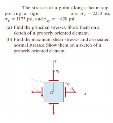 The stresses at a point along a beam sup-
are o, = 2250 psi,
porting a sign
o, = 1175 psi, and 7 = -820 psi.
(a) Find the principal stresses. Show them on a
sketch of a properly oriented element.
(b) Find the maximum shear stresses and associated
normal stresses. Show them on a sketch of a
properly oriented element.
Try
