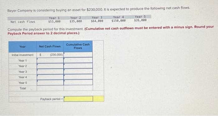 Beyer Company is considering buying an asset for $230,000. It is expected to produce the following net cash flows.
Year 1
Year 3
Year 4
Year 5
$53,000
$64,000
$150,000
$26,000
Net cash flows
Compute the payback period for this investment. (Cumulative net cash outflows must be entered with a minus sign. Round your
Payback Period answer to 2 decimal places.)
Year
Initial investment
Year 1
Year 2
Year 3
Year 4
Year 5
Total
Net Cash Flows
$ (230,000)
Year 2
$35,000
Payback period
Cumulative Cash
Flows