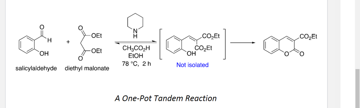 OEt
.CO2Et
.CO2Et
+
CH3CO2H
ELOH
ČO,Et
ОН
OEt
ОН
78 °C, 2 h
Not isolated
salicylaldehyde diethyl malonate
A One-Pot Tandem Reaction
