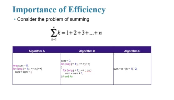 Importance of Efficiency
• Consider the problem of summing
Ek =1+2+3+...+n
Algorithm A
Algorithm B
Algorithm C
sum = 0.
for (long i = 1: i<= n; ++)
Jong sum = 0;
for (long i= 1; i <= n; i++)
sum =n* (n + 1)/2;
for (long j= 1;=it)
sum = sum +1:
l end for
sum = sum +
