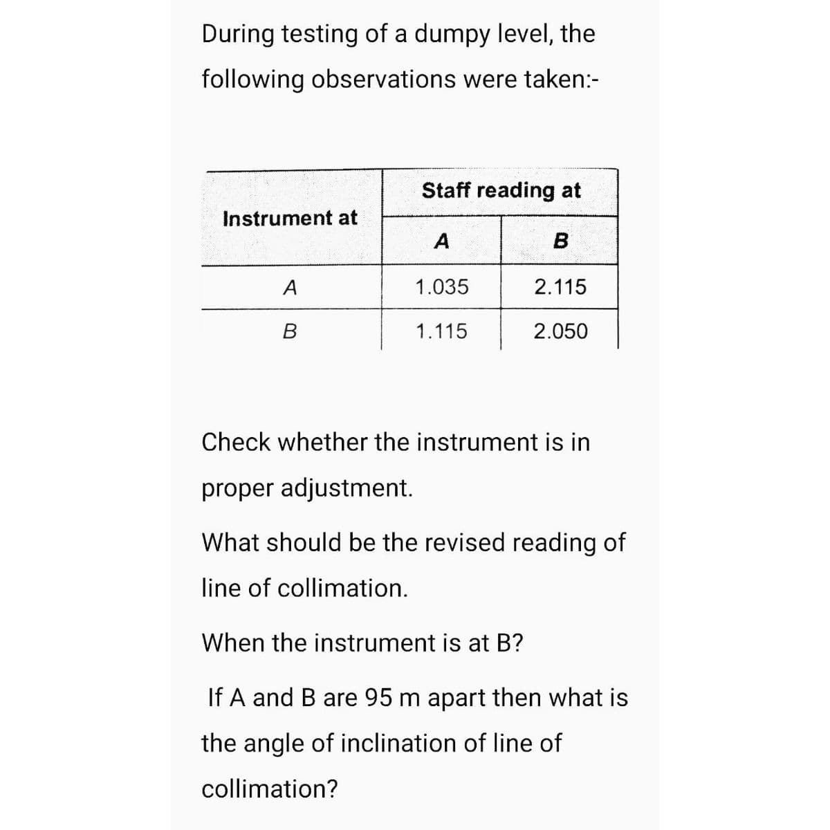 During testing of a dumpy level, the
following observations were taken:-
Instrument at
A
B
Staff reading at
A
1.035
1.115
B
2.115
2.050
Check whether the instrument is in
proper adjustment.
What should be the revised reading of
line of collimation.
When the instrument is at B?
If A and B are 95 m apart then what is
the angle of inclination of line of
collimation?
