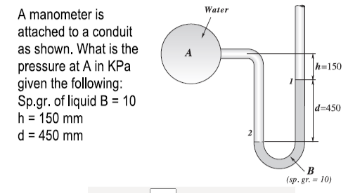 A manometer is
attached to a conduit
as shown. What is the
pressure at A in KPa
given the following:
Sp.gr. of liquid B = 10
h = 150 mm
d = 450 mm
Water
|h=150
d=450
B
(sp. gr. = 10)