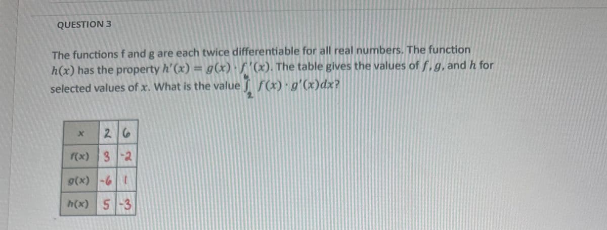 QUESTION 3
The functions f and g are each twice differentiable for all real numbers. The function
h(x) has the property h'(x) = g(x) f'(x). The table gives the values of f, g, and h for
selected values of x. What is the value f(x) g'(x)dx?
X 26
f(x) 3-2
g(x)-61
h(x) 5-3