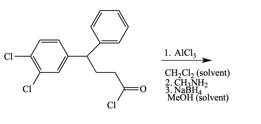 1. AIC13
Cl-
CH,Cl2 (solvent)
2. CH:NH,
MEOH (solvent)
Cl
0:
3. NaBH4
Cl
