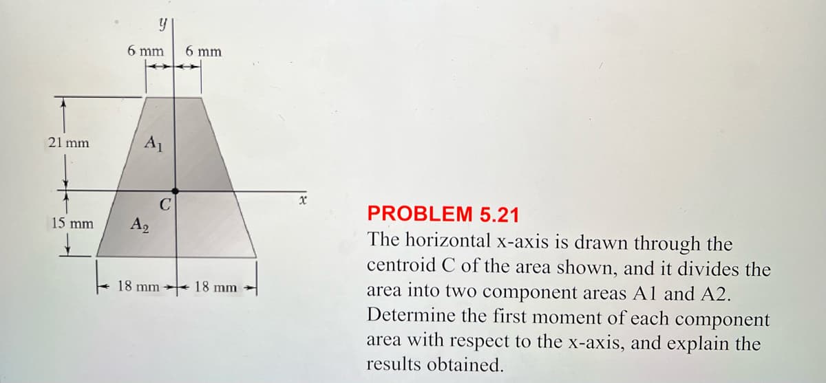 21 mm
6 mm
6 mm
15 mm
A2
18 mm 18 mm
x
PROBLEM 5.21
The horizontal x-axis is drawn through the
centroid C of the area shown, and it divides the
area into two component areas A1 and A2.
Determine the first moment of each component
area with respect to the x-axis, and explain the
results obtained.