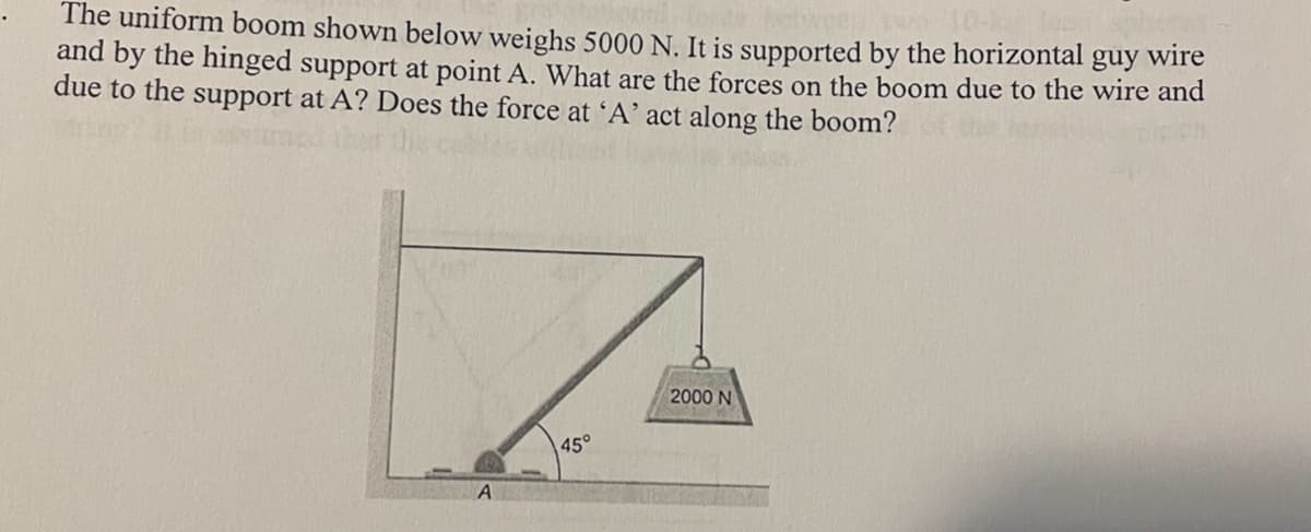 wor
The uniform boom shown below weighs 5000 N. It is supported by the horizontal guy wire
and by the hinged support at point A. What are the forces on the boom due to the wire and
due to the support at A? Does the force at 'A' act along the boom?
A
45°
2000 N