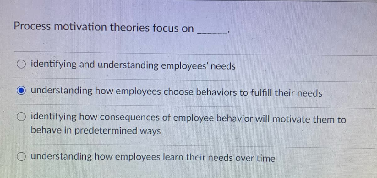 Process motivation theories focus on
O identifying and understanding employees' needs
understanding how employees choose behaviors to fulfill their needs
O identifying how consequences of employee behavior will motivate them to
behave in predetermined ways
O understanding how employees learn their needs over time
