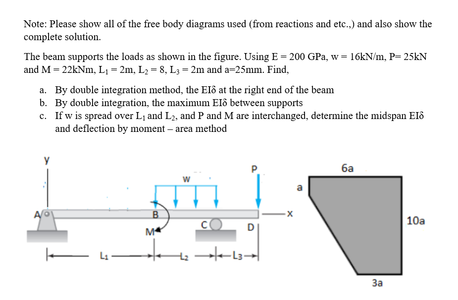 Note: Please show all of the free body diagrams used (from reactions and etc.,) and also show the
complete solution.
The beam supports the loads as shown in the figure. Using E = 200 GPa, w = 16KN/m, P= 25kN
and M = 22kNm, L1 = 2m, L2 = 8, L3 = 2m and a=25mm. Find,
a. By double integration method, the EId at the right end of the beam
b. By double integration, the maximum EIô between supports
c. If w is spread over L1 and L2, and P and M are interchanged, determine the midspan Elô
and deflection by moment – area method
P
ба
w
a
A
B.
--
10a
D
M
E L.
3.
