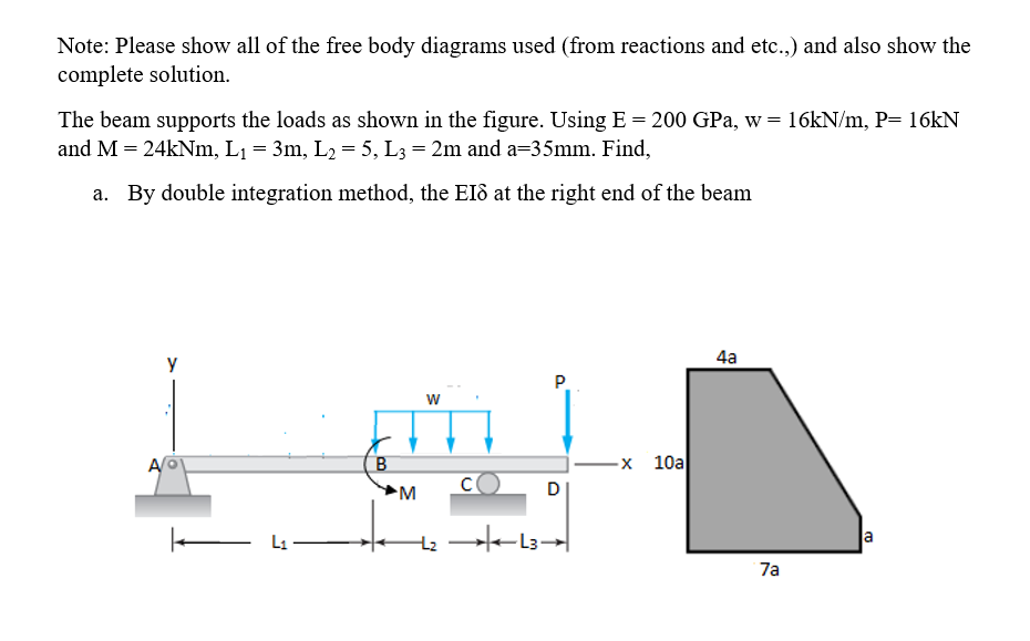 Note: Please show all of the free body diagrams used (from reactions and etc.) and also show the
complete solution.
The beam supports the loads as shown in the figure. Using E = 200 GPa, w = 16kN/m, P= 16kN
and M = 24KNM, L1 = 3m, L2 = 5, L3 = 2m and a=35mm. Find,
a. By double integration method, the EI8 at the right end of the beam
4a
y
P.
w
-х 10а
M
D
L1 -
la
7a
