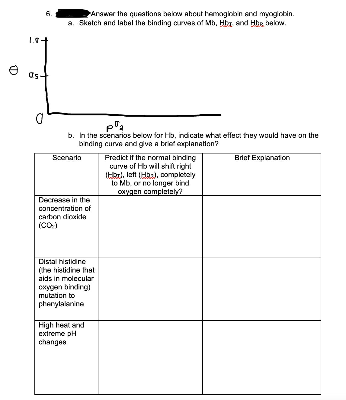 e
1.0
0.5-
0
6.
Answer the questions below about hemoglobin and myoglobin.
a. Sketch and label the binding curves of Mb, Hb, and Hb below.
pº₂
b. In the scenarios below for Hb, indicate what effect they would have on the
binding curve and give a brief explanation?
Scenario
Decrease in the
concentration of
carbon dioxide
(CO₂)
Distal histidine
(the histidine that
aids in molecular
oxygen binding)
mutation to
phenylalanine
High heat and
extreme pH
changes
Predict if the normal binding
curve of Hb will shift right
(Hbt), left (HbⓇ), completely
to Mb, or no longer bind
oxygen completely?
Brief Explanation