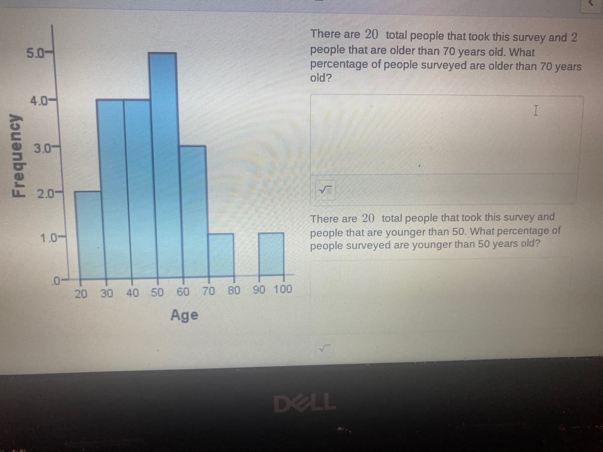 There are 20 total people that took this survey and 2
people that are older than 70 years old. What
percentage of people surveyed are older than 70 years
old?
5.0-
4.0-
3.0-
2.0-
There are 20 total people that took this survey and
people that are younger than 50. What
people surveyed are younger than 50 years old?
ntage of
1.0-
.0-
20
30
40 50 60 70
80
90 100
Age
DELL
Frequency
