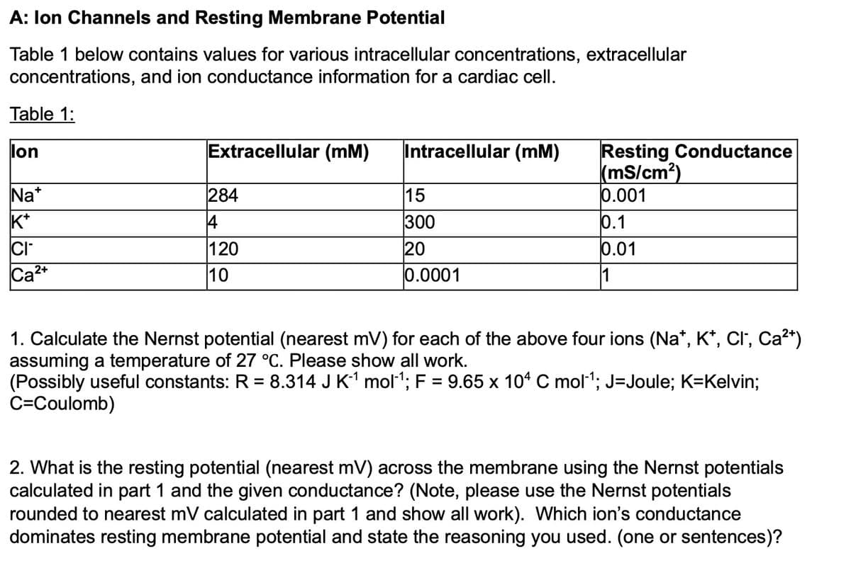 A: Ion Channels and Resting Membrane Potential
Table 1 below contains values for various intracellular concentrations, extracellular
concentrations, and ion conductance information for a cardiac cell.
Extracellular (mM)
Table 1:
lon
Nat
284
K+
4
CI
Ca2+
120
10
Intracellular (mM)
Resting Conductance
(mS/cm²)
15
0.001
300
0.1
20
0.01
0.0001
1
1. Calculate the Nernst potential (nearest mV) for each of the above four ions (Na*, K*, CI¯, Ca²+)
assuming a temperature of 27 °C. Please show all work.
(Possibly useful constants: R = 8.314 J K¹ mol‍¹; F = 9.65 x 104 C mol¹; J=Joule; K=Kelvin;
C=Coulomb)
2. What is the resting potential (nearest mV) across the membrane using the Nernst potentials
calculated in part 1 and the given conductance? (Note, please use the Nernst potentials
rounded to nearest mV calculated in part 1 and show all work). Which ion's conductance
dominates resting membrane potential and state the reasoning you used. (one or sentences)?