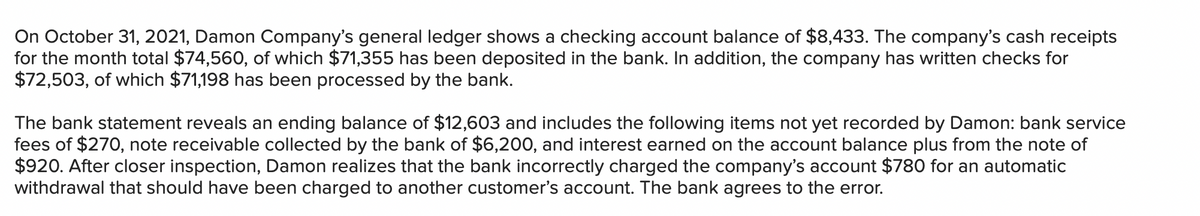 On October 31, 2021, Damon Company's general ledger shows a checking account balance of $8,433. The company's cash receipts
for the month total $74,560, of which $71,355 has been deposited in the bank. In addition, the company has written checks for
$72,503, of which $71,198 has been processed by the bank.
The bank statement reveals an ending balance of $12,603 and includes the following items not yet recorded by Damon: bank service
fees of $270, note receivable collected by the bank of $6,200, and interest earned on the account balance plus from the note of
$920. After closer inspection, Damon realizes that the bank incorrectly charged the company's account $780 for an automatic
withdrawal that should have been charged to another customer's account. The bank agrees to the error.
