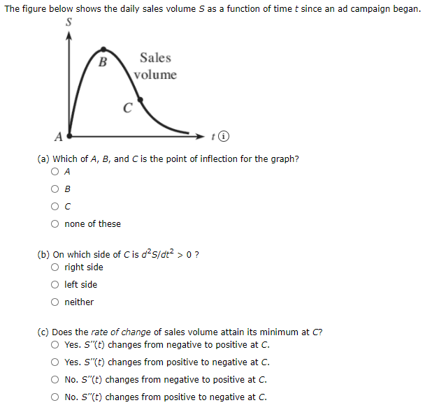 The figure below shows the daily sales volume S as a function of time t since an ad campaign began.
S
Sales
B
volume
A
(a) Which of A, B, and Cis the point of inflection for the graph?
A
O none of these
(b) On which side of Cis d?s/dt? > 0 ?
O right side
O left side
O neither
(c) Does the rate of change of sales volume attain its minimum at C?
O Yes. S"(t) changes from negative to positive at C.
Yes. S"(t) changes from positive to negative at C.
No. S"(t) changes from negative to positive at C.
O No. S"(t) changes from positive to negative at C.
