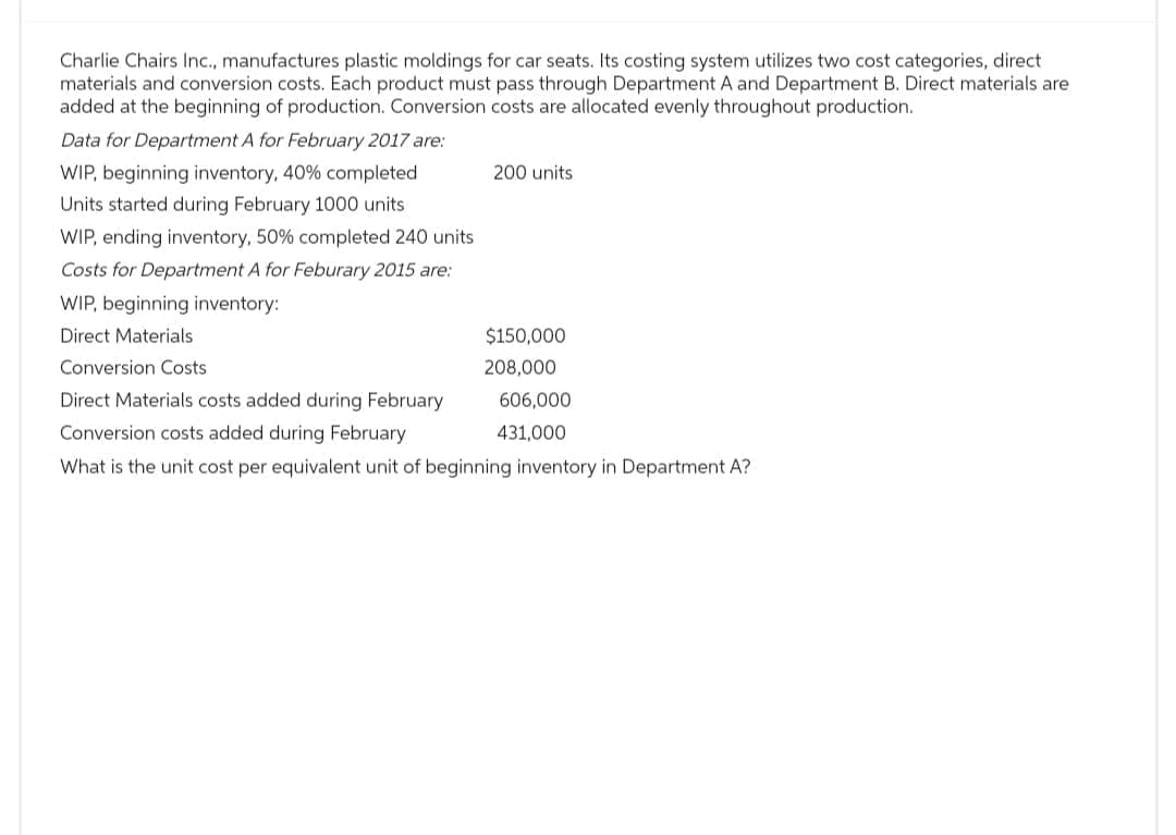 Charlie Chairs Inc., manufactures plastic moldings for car seats. Its costing system utilizes two cost categories, direct
materials and conversion costs. Each product must pass through Department A and Department B. Direct materials are
added at the beginning of production. Conversion costs are allocated evenly throughout production.
Data for Department A for February 2017 are:
WIP, beginning inventory, 40% completed
Units started during February 1000 units
WIP, ending inventory, 50% completed 240 units
Costs for Department A for Feburary 2015 are:
WIP, beginning inventory:
Direct Materials
Conversion Costs
Direct Materials costs added during February
Conversion costs added during February
What is the unit cost per equivalent unit of beginning inventory in Department A?
200 units
$150,000
208,000
606,000
431,000