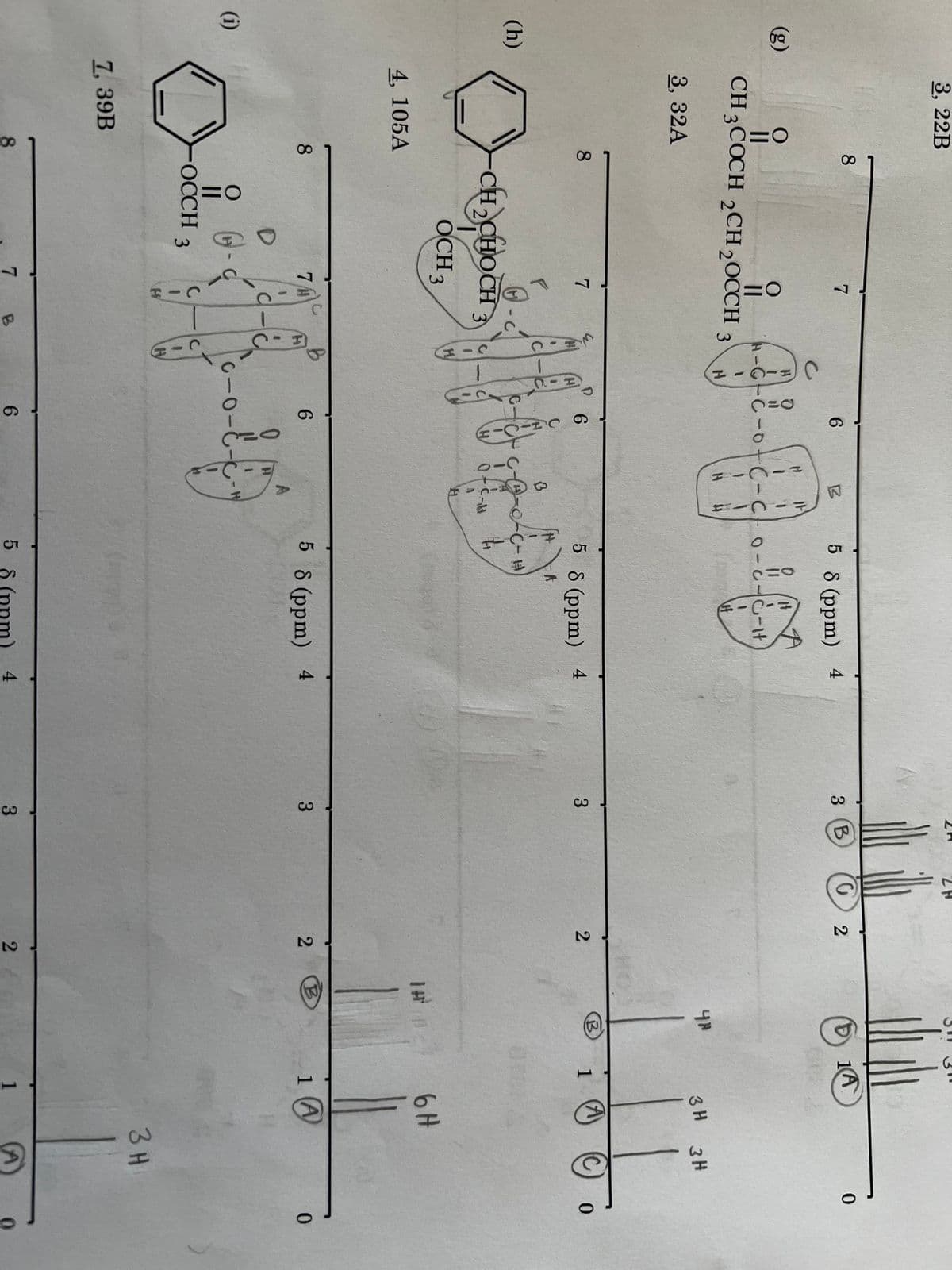 (g)
(h)
(i)
3, 22B
8
7
i
CH3COCH 2CH 2OCCH 3
3, 32A
4
7
2 CHOCH
OCH 3
7
4, 105A
8
7, 39B
8
8
CH
D
OCCH 3
CH 3
7
1
H
B
H
(=--=) C
つ=c
H
-C
C
6
69
6
C-0-
6
H
0
=
IF
-C-Cto-c-c-it
H
CI
610
H
B
H
BG
3
0-C-H
FUTA
H
58 (ppm) 4
A
210
-M
5 8 (ppm) 4
A
C-H
4
58 (ppm) 4
5 8 (ppm
4
3 (B
3
3
3
2H
0 2
2
2
2
IA
0
4A
3H 3H
III
B
1
0
TH
6 H
B
1 A
3 H
0
0